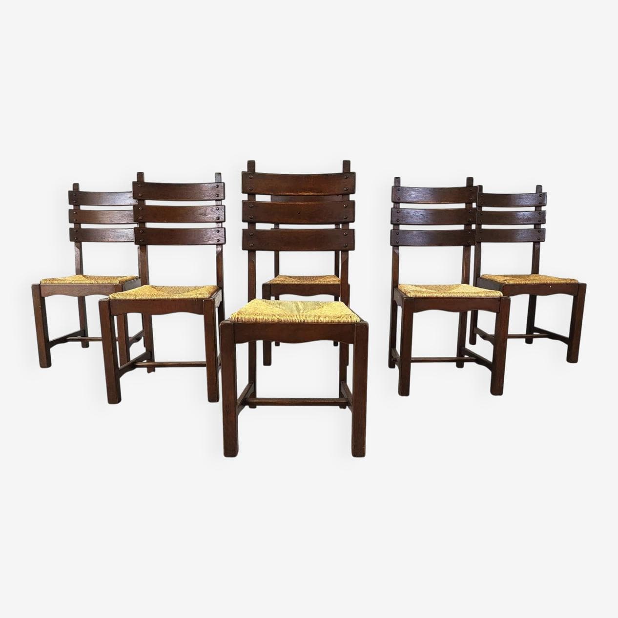 Set of six brutalist dining chairs, brown oak, beige wicker, Belgium, 1960s. - 330417
