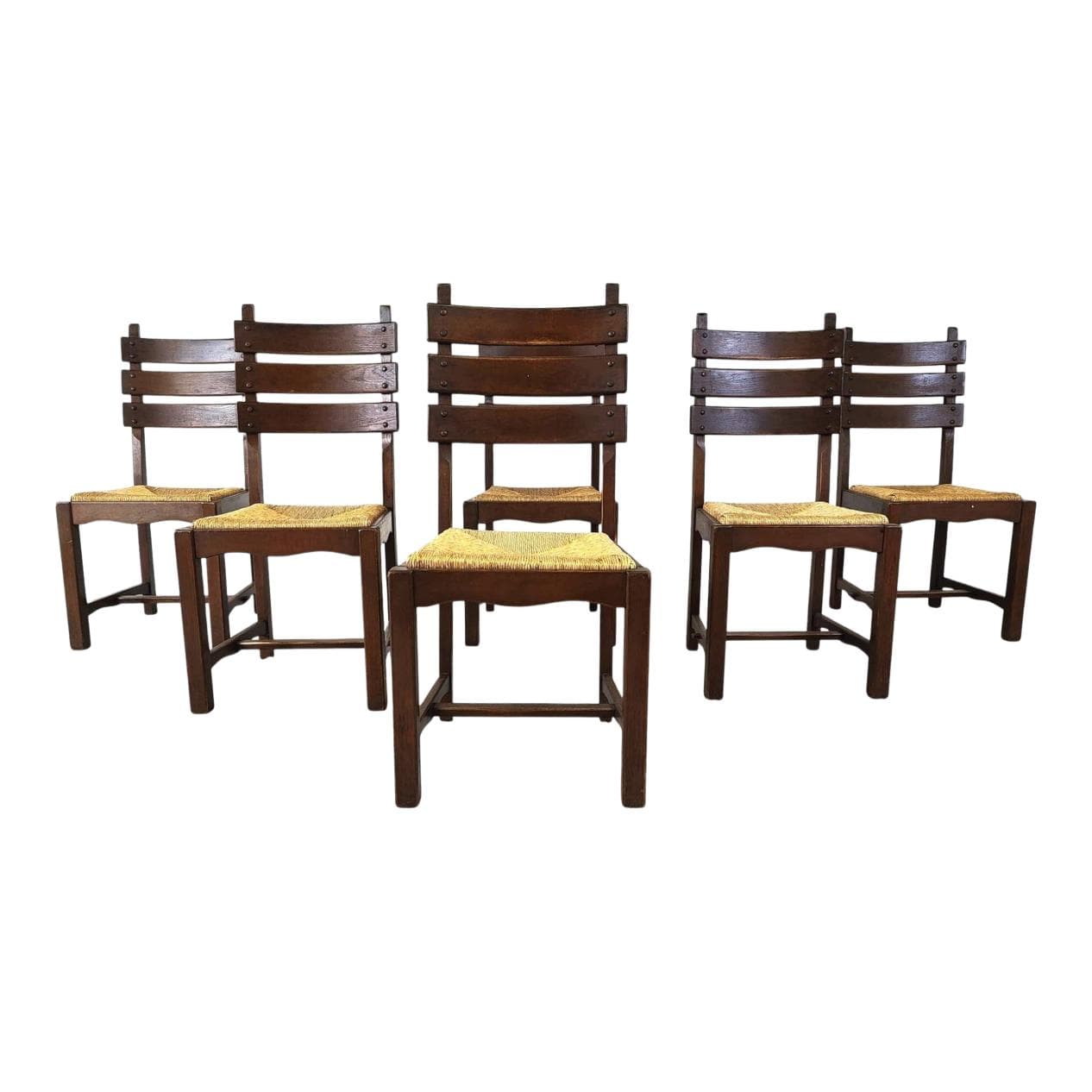 Set of six brutalist dining chairs, brown oak, beige wicker, Belgium, 1960s.