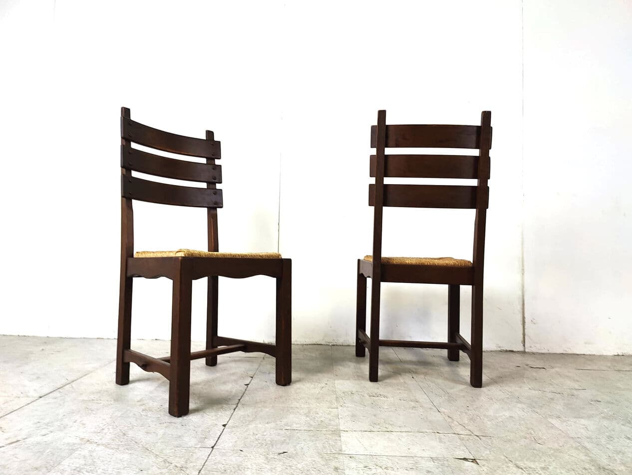 Set of six brutalist dining chairs, brown oak, beige wicker, Belgium, 1960s. - 330422