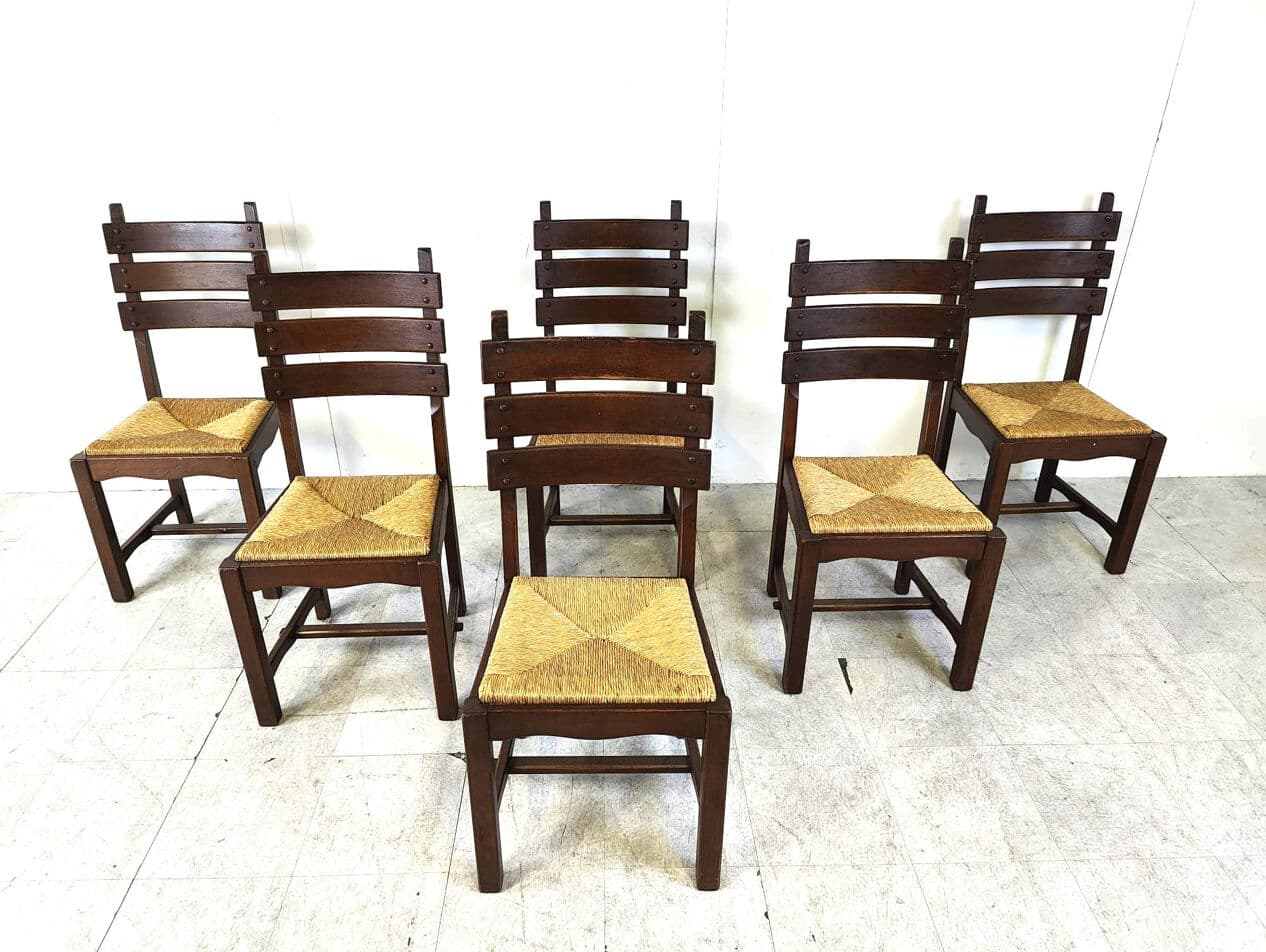 Set of six brutalist dining chairs, brown oak, beige wicker, Belgium, 1960s. - 330423