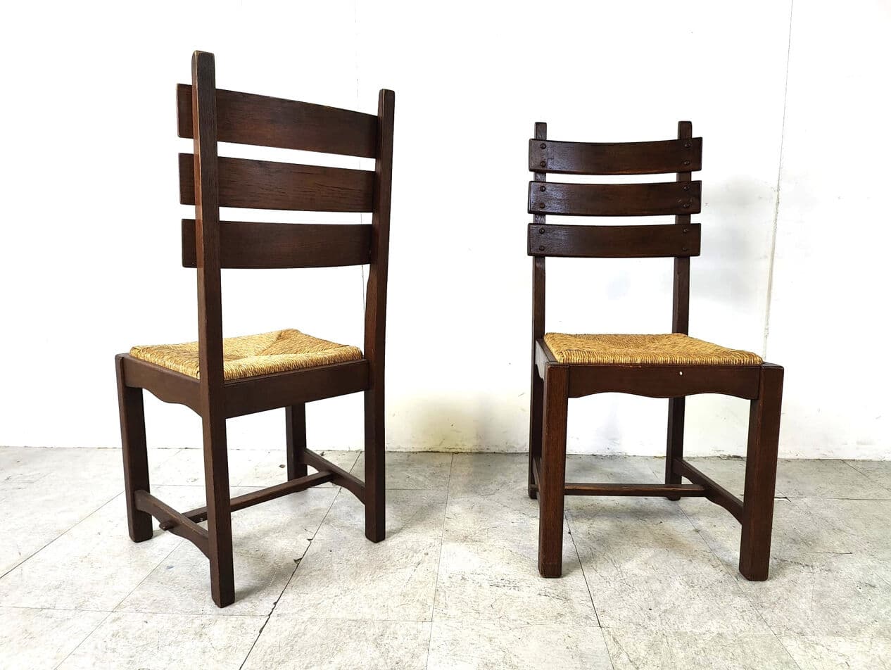 Set of six brutalist dining chairs, brown oak, beige wicker, Belgium, 1960s. - 330419
