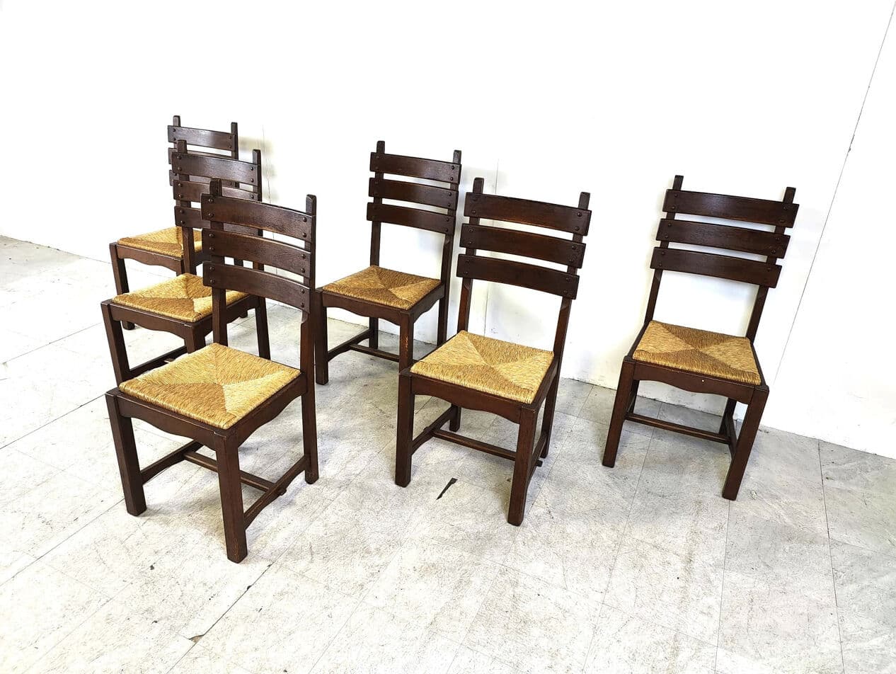 Set of six brutalist dining chairs, brown oak, beige wicker, Belgium, 1960s. - 330425