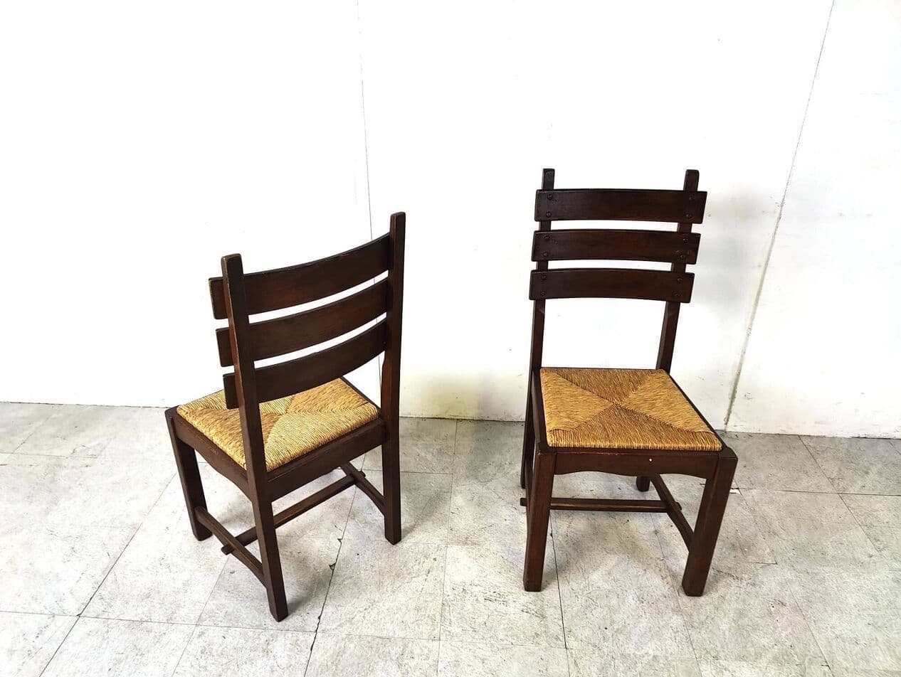 Set of six brutalist dining chairs, brown oak, beige wicker, Belgium, 1960s. - 330420
