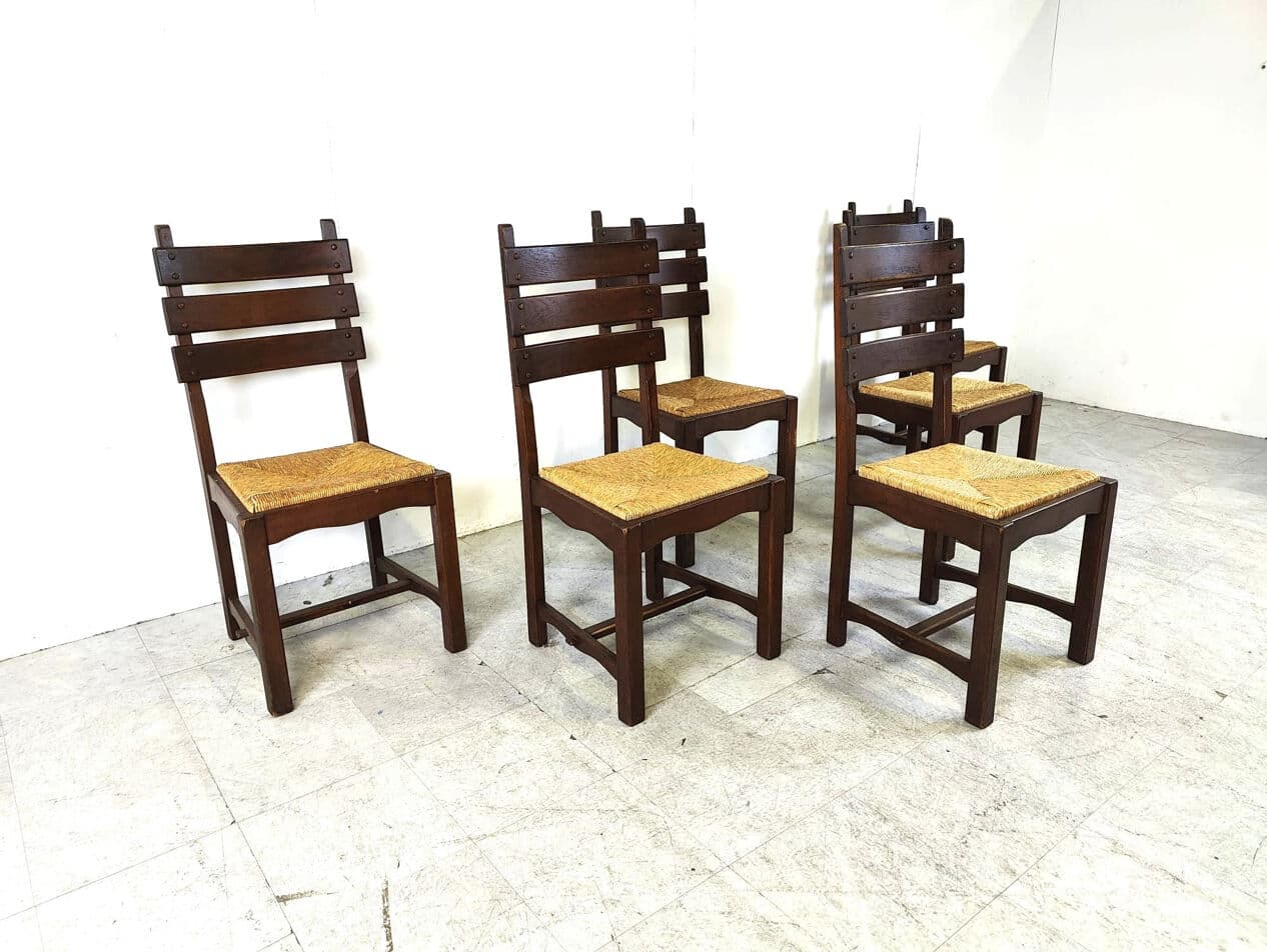 Set of six brutalist dining chairs, brown oak, beige wicker, Belgium, 1960s. - 330415
