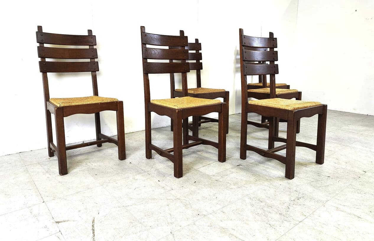 Set of six brutalist dining chairs, brown oak, beige wicker, Belgium, 1960s. - 330421