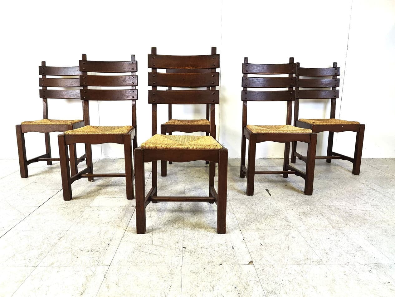 Set of six brutalist dining chairs, brown oak, beige wicker, Belgium, 1960s. - 330416