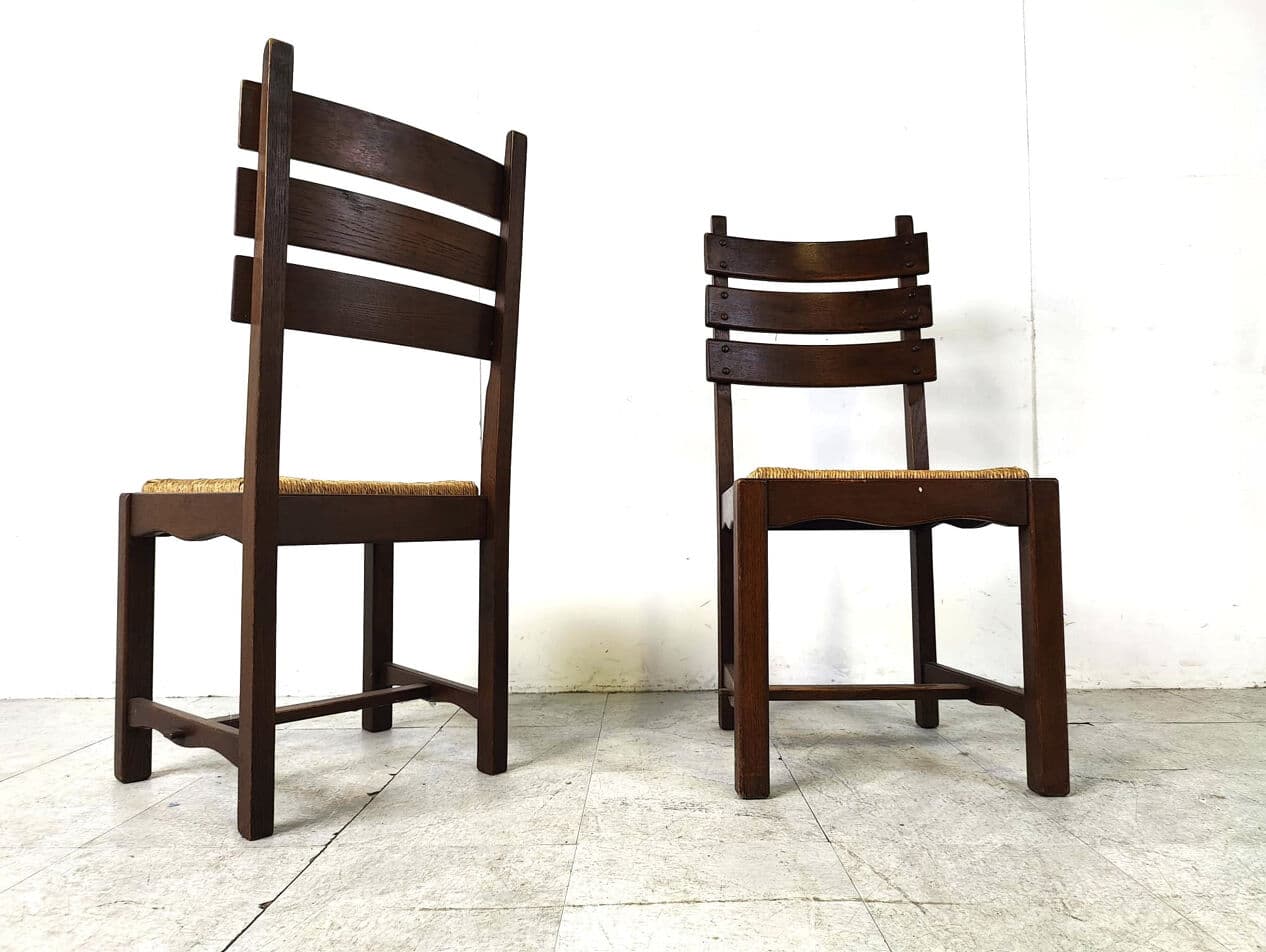 Set of six brutalist dining chairs, brown oak, beige wicker, Belgium, 1960s. - 330418