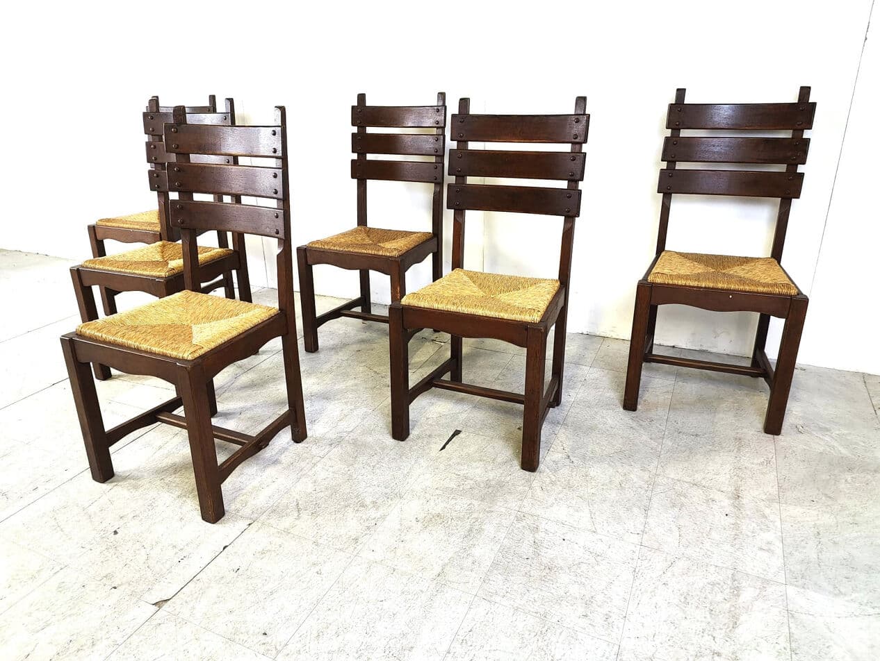 Set of six brutalist dining chairs, brown oak, beige wicker, Belgium, 1960s. - 330424