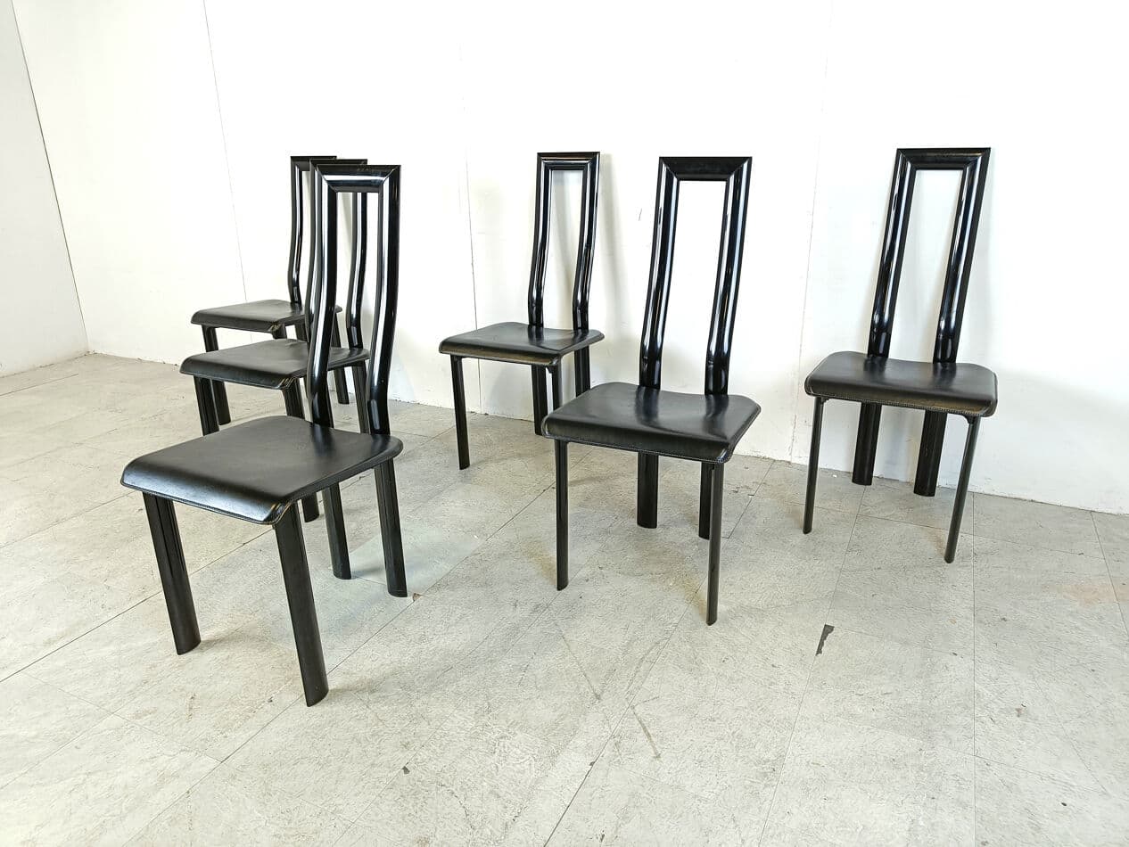 Set of six dining chairs Regia, black leather, by A. Mosca, Italy, 1980s. - 330413