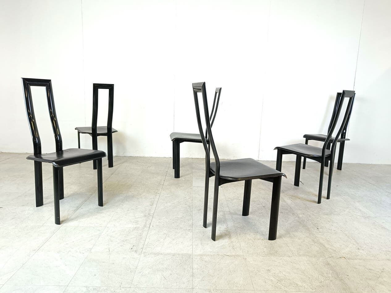 Set of six dining chairs Regia, black leather, by A. Mosca, Italy, 1980s. - 330412