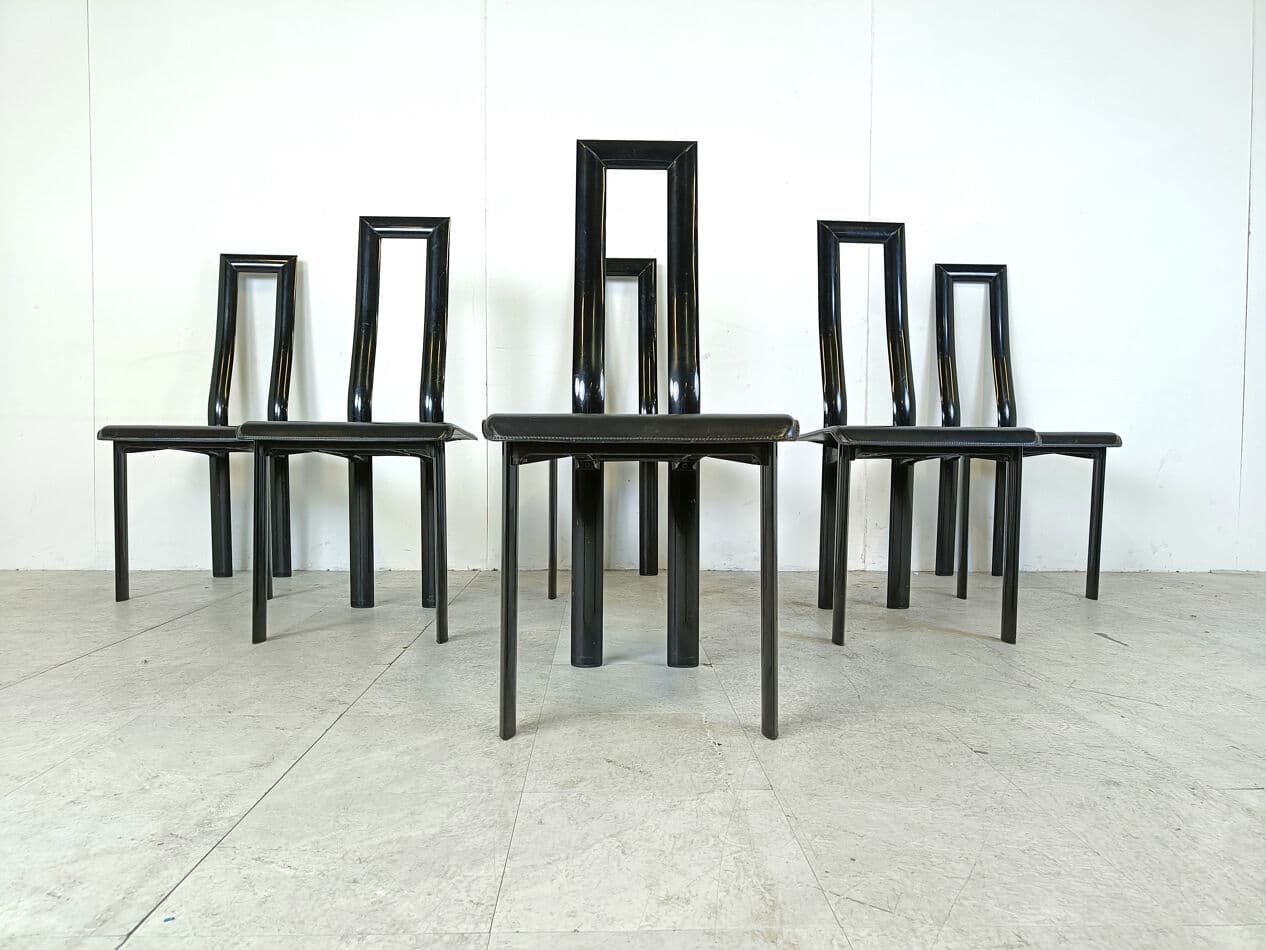Set of six dining chairs Regia, black leather, by A. Mosca, Italy, 1980s. - 330411