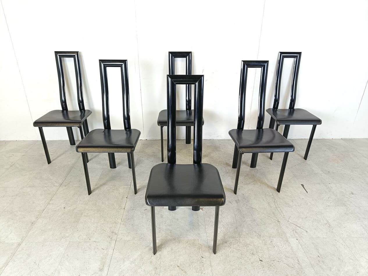 Set of six dining chairs Regia, black leather, by A. Mosca, Italy, 1980s. - 330404