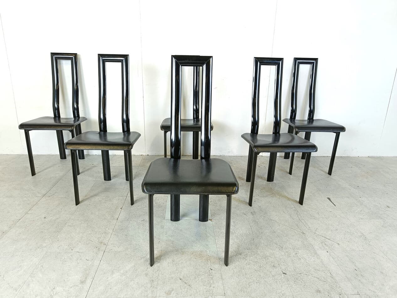 Set of six dining chairs Regia, black leather, by A. Mosca, Italy, 1980s. - 330403