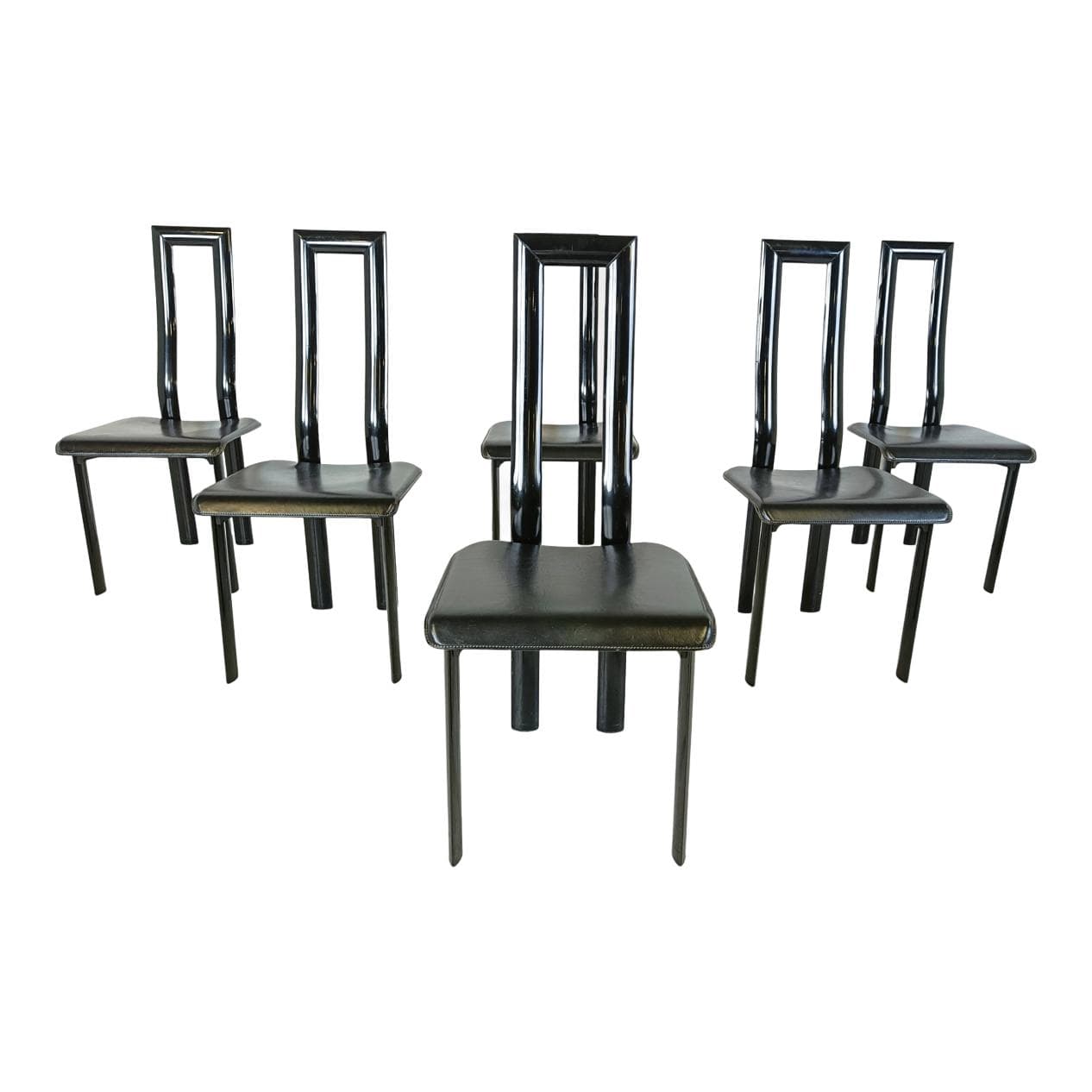 Set of six dining chairs Regia, black leather, by A. Mosca, Italy, 1980s.