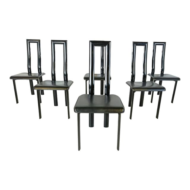 Set of six dining chairs Regia, black leather, by A. Mosca, Italy, 1980s. - DIMENSION