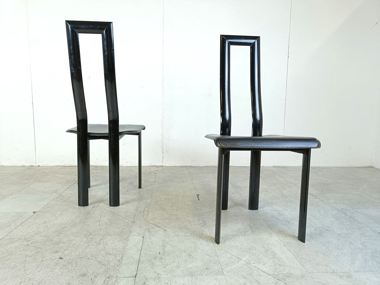 Set of six dining chairs Regia, black leather, by A. Mosca, Italy, 1980s. - 330407