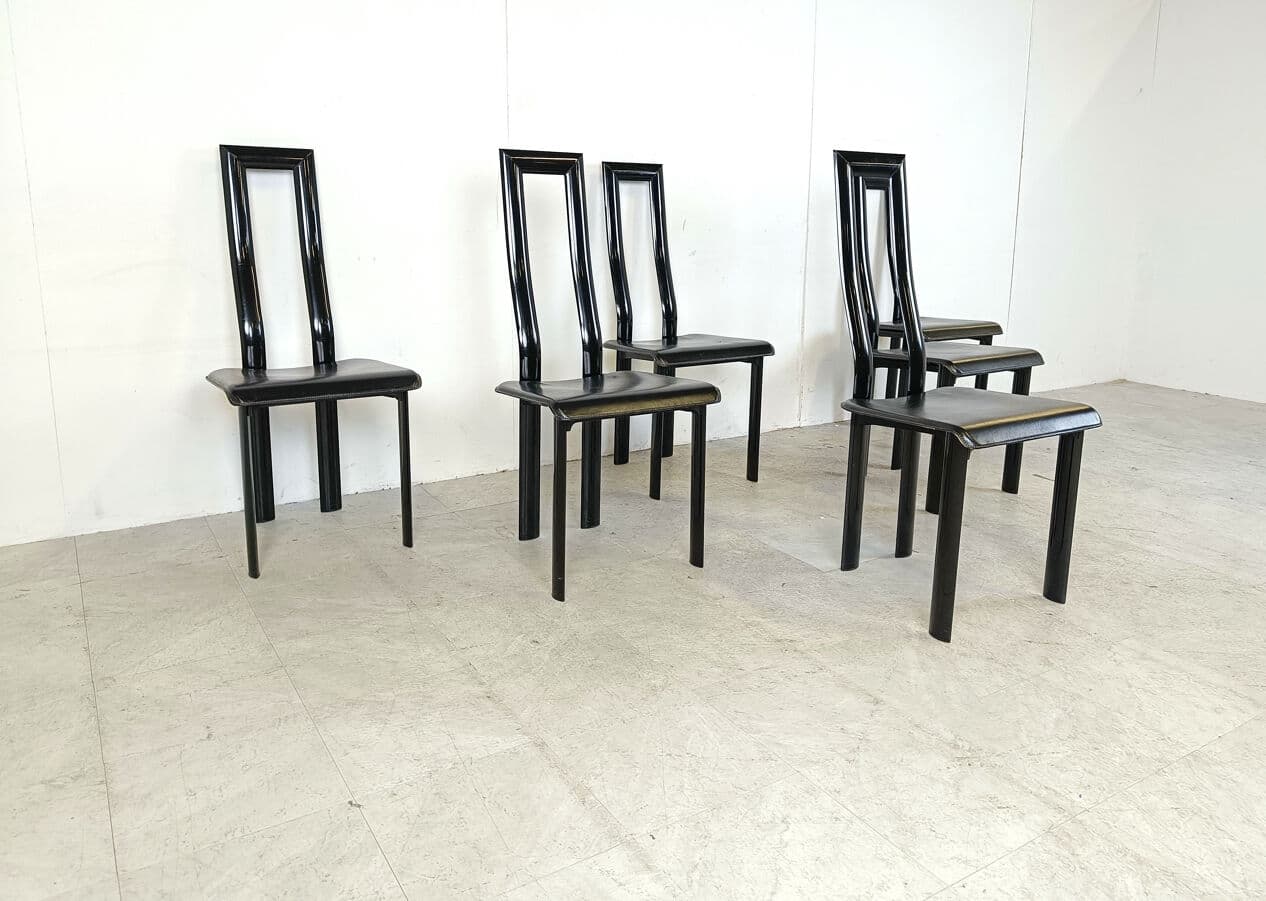 Set of six dining chairs Regia, black leather, by A. Mosca, Italy, 1980s. - 330410
