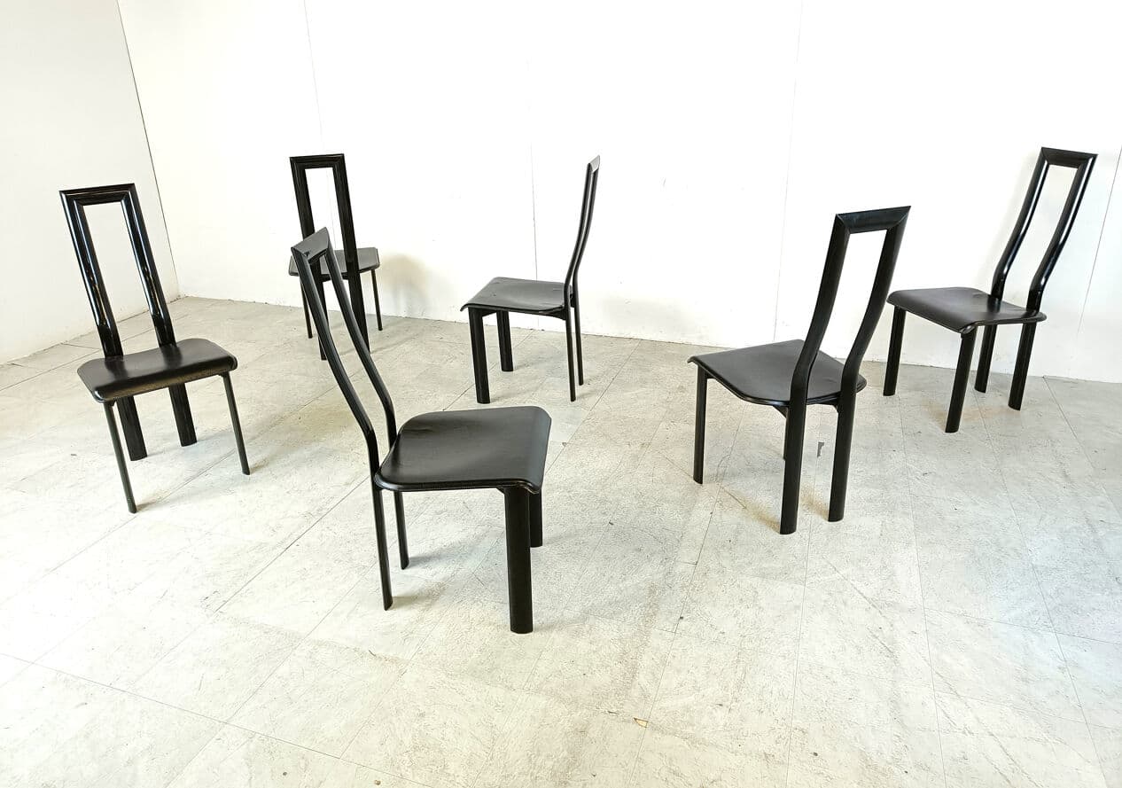 Set of six dining chairs Regia, black leather, by A. Mosca, Italy, 1980s. - 330409