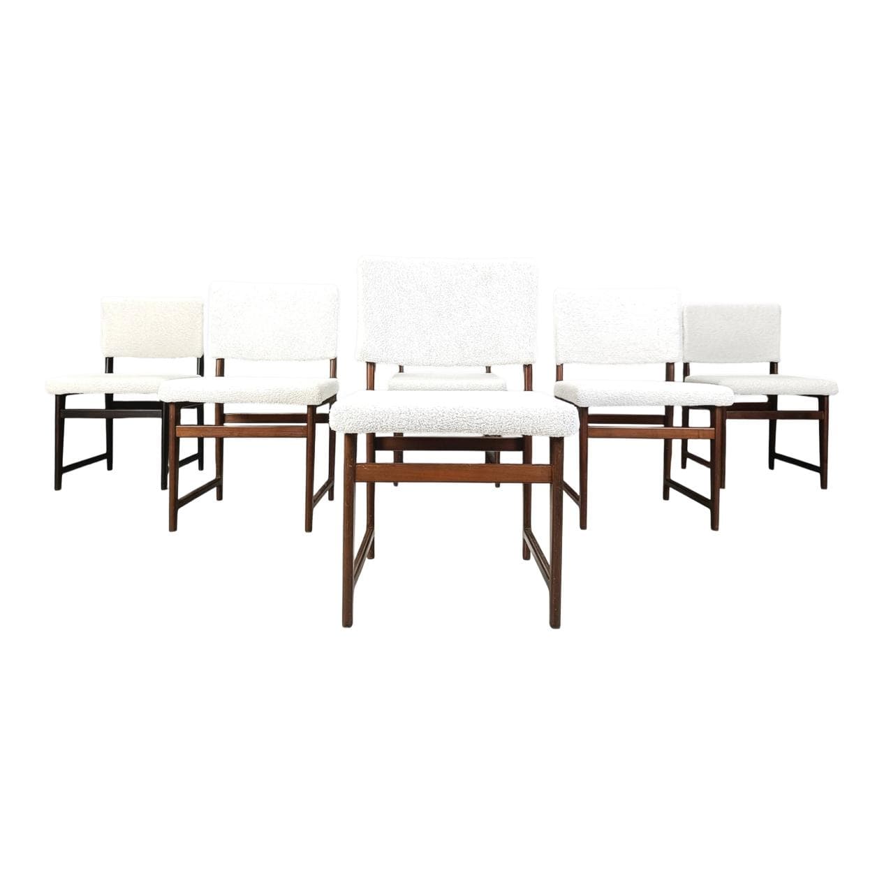 Set of six Scandinavian dining chairs, brown teak, white bouclé, Belgium, 1960s.