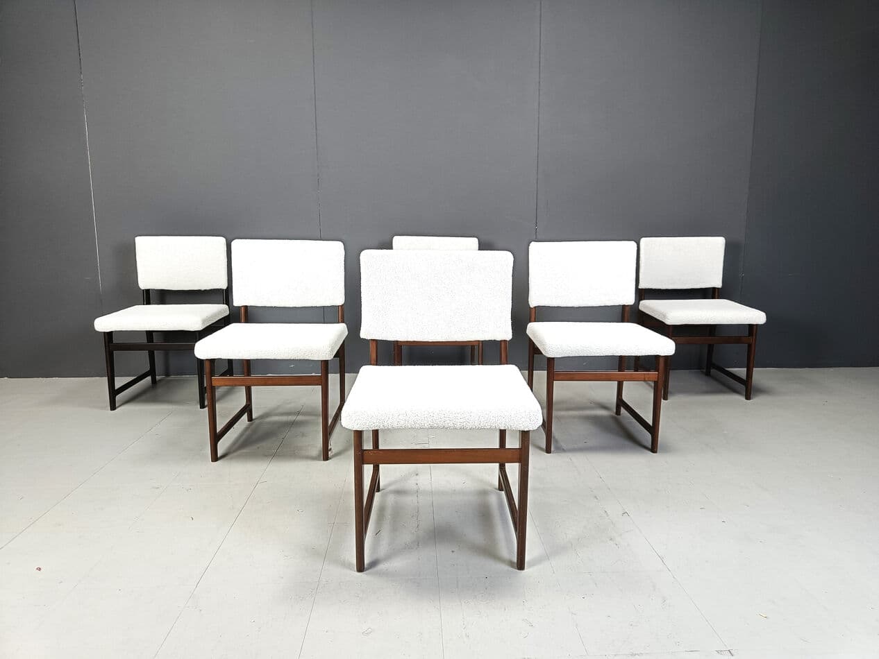Set of six Scandinavian dining chairs, brown teak, white bouclé, Belgium, 1960s. - 330385
