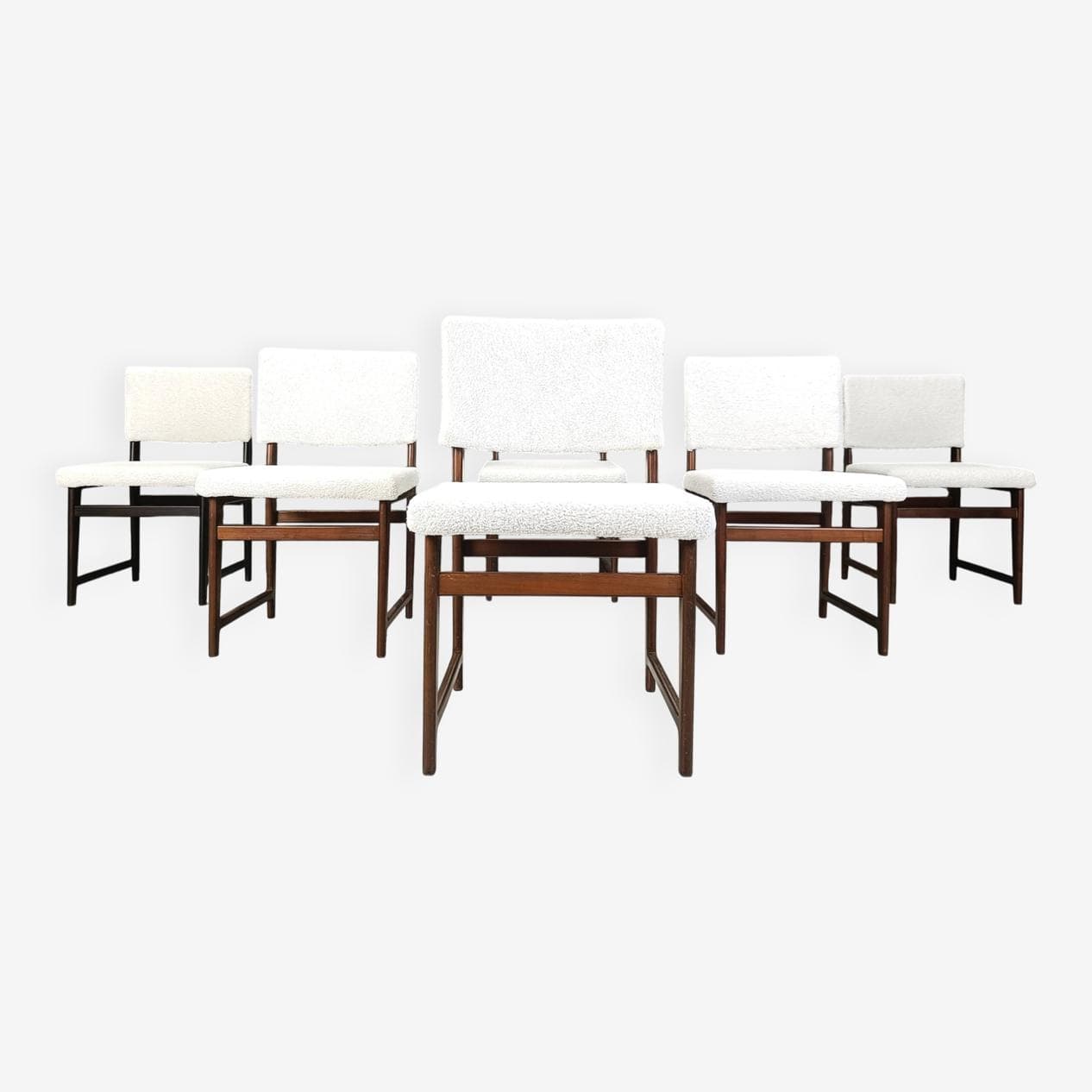 Set of six Scandinavian dining chairs, brown teak, white bouclé, Belgium, 1960s. - 330382