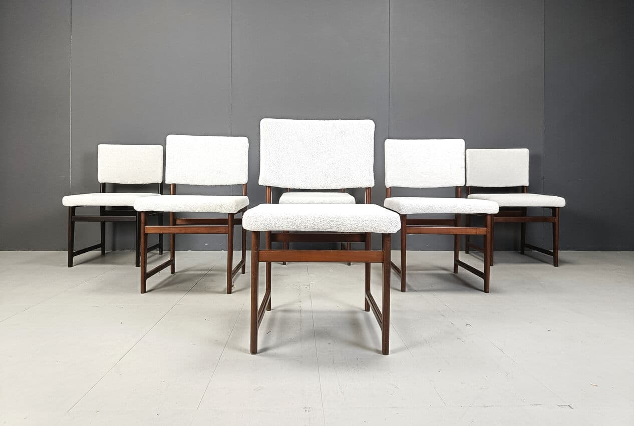 Set of six Scandinavian dining chairs, brown teak, white bouclé, Belgium, 1960s. - 330381