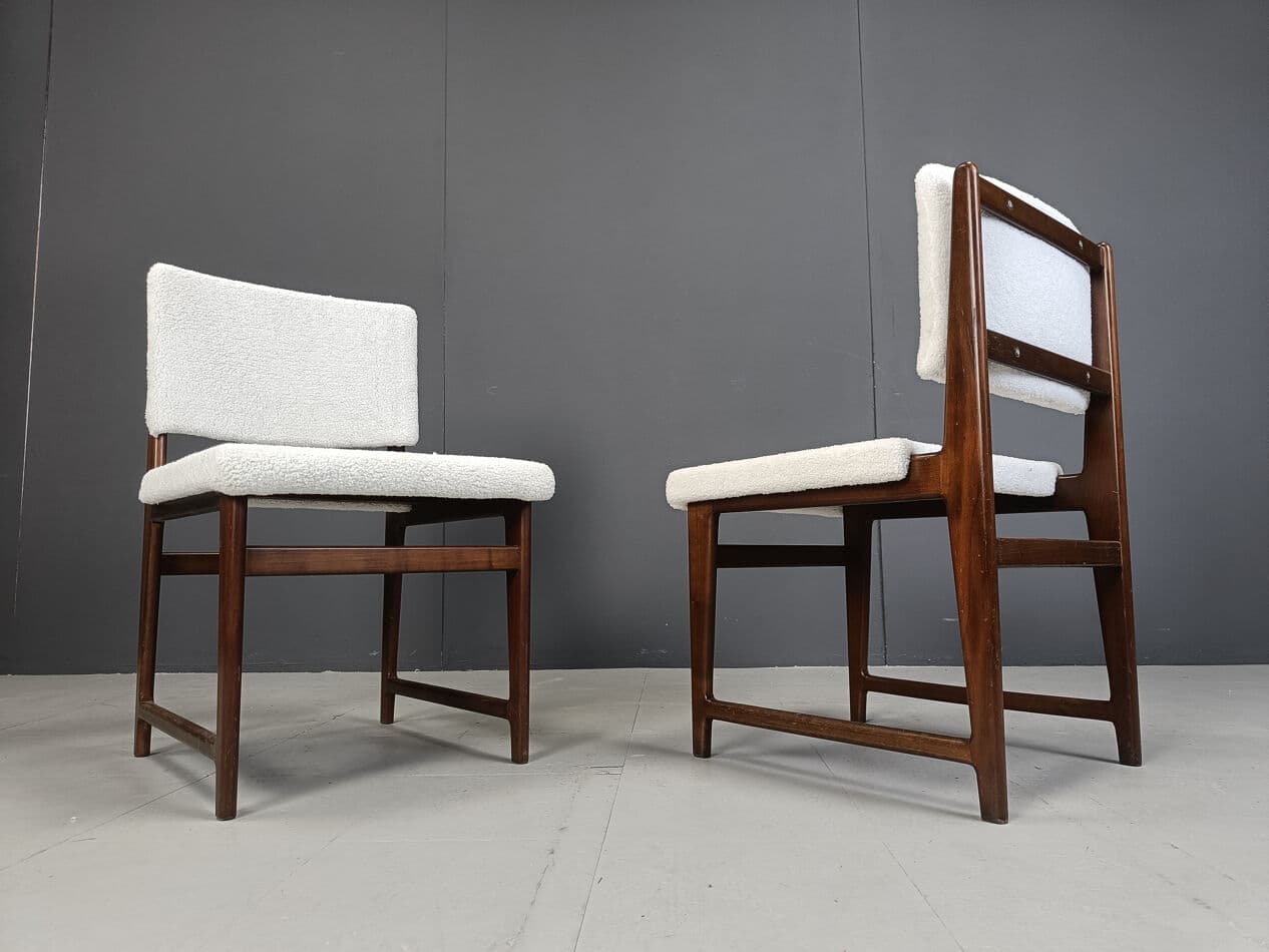 Set of six Scandinavian dining chairs, brown teak, white bouclé, Belgium, 1960s. - 330390