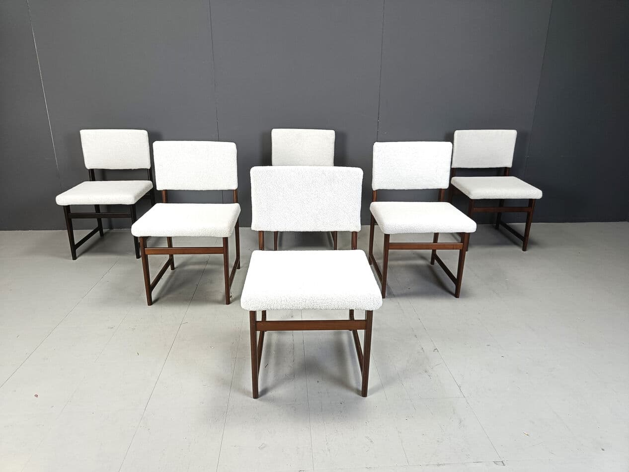 Set of six Scandinavian dining chairs, brown teak, white bouclé, Belgium, 1960s. - 330384