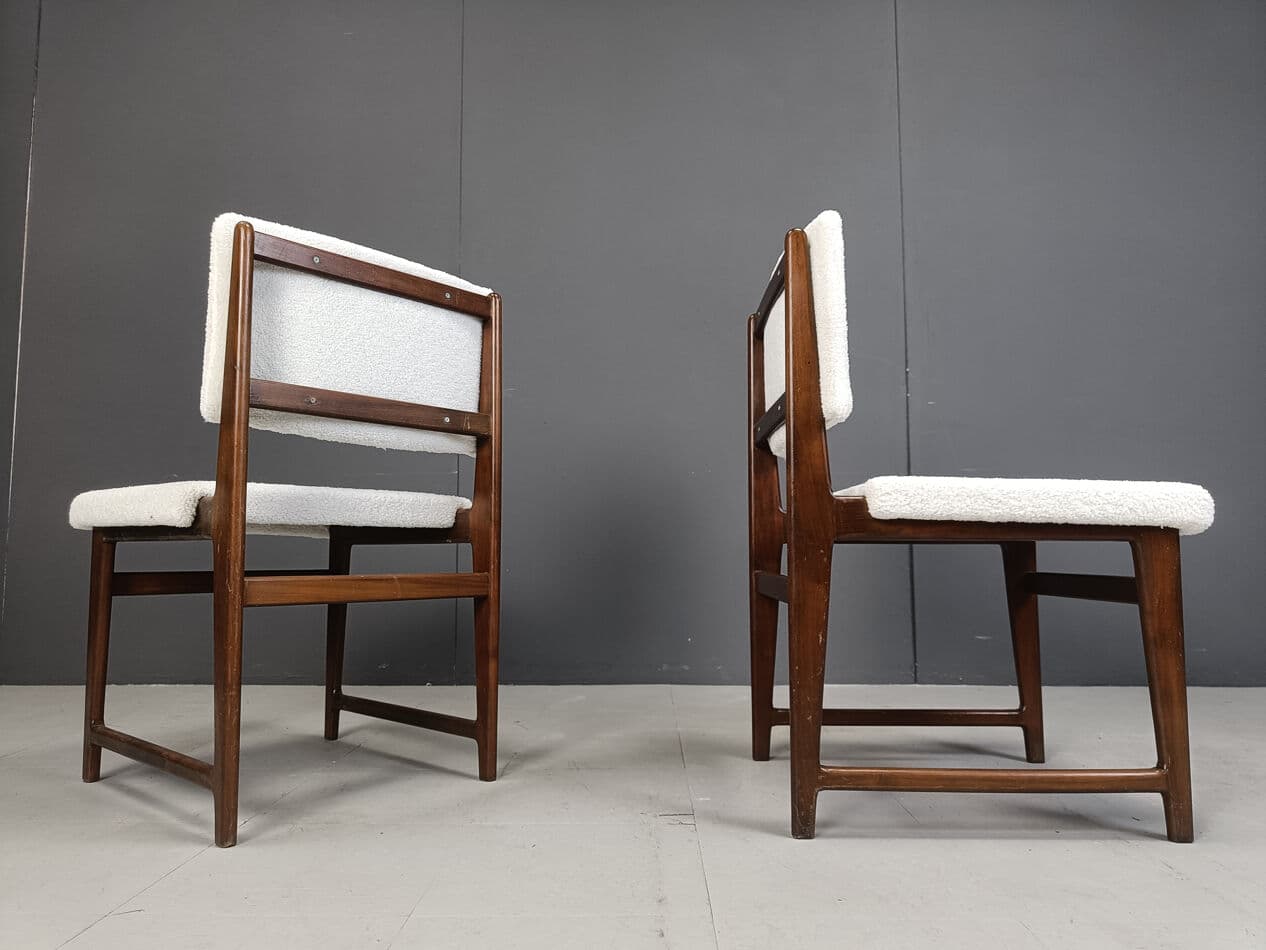 Set of six Scandinavian dining chairs, brown teak, white bouclé, Belgium, 1960s. - 330388