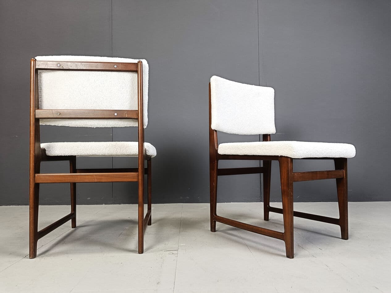Set of six Scandinavian dining chairs, brown teak, white bouclé, Belgium, 1960s. - 330387