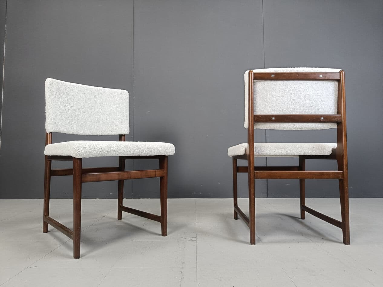 Set of six Scandinavian dining chairs, brown teak, white bouclé, Belgium, 1960s. - 330389