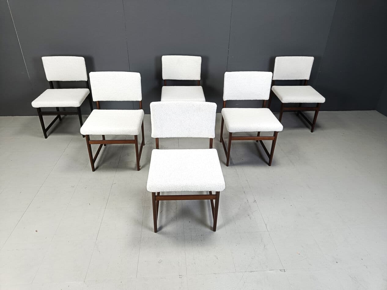 Set of six Scandinavian dining chairs, brown teak, white bouclé, Belgium, 1960s. - 330386