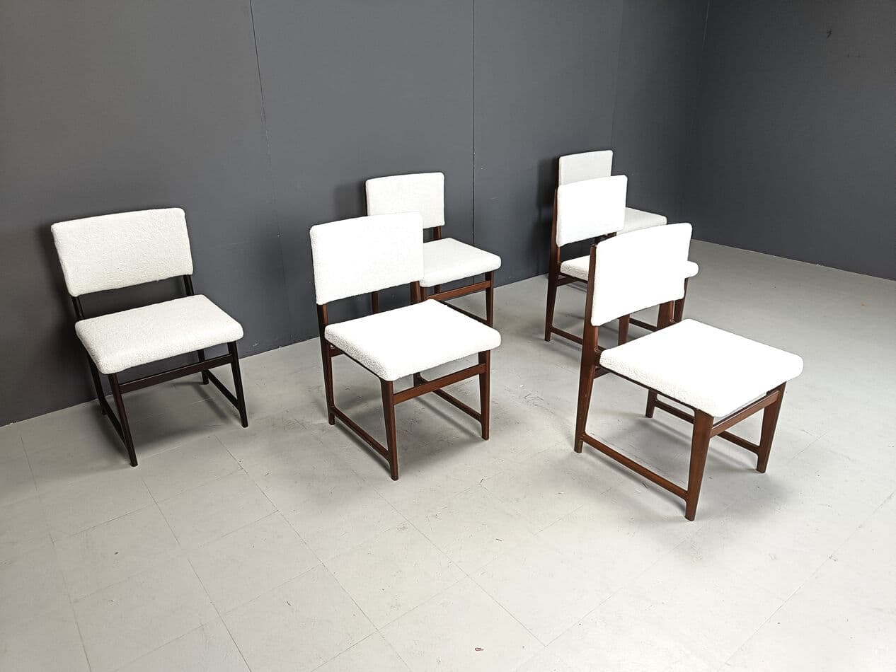 Set of six Scandinavian dining chairs, brown teak, white bouclé, Belgium, 1960s. - 330380