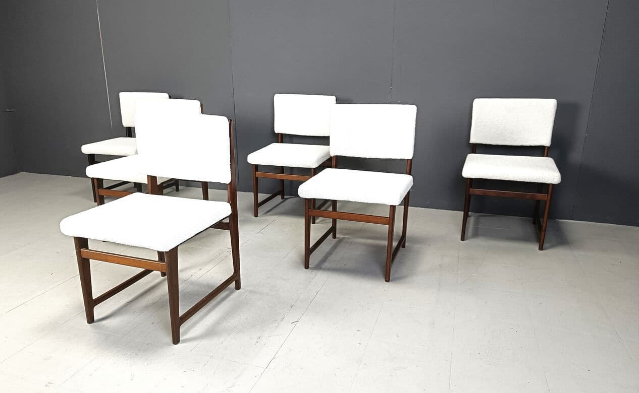 Set of six Scandinavian dining chairs, brown teak, white bouclé, Belgium, 1960s. - 330383