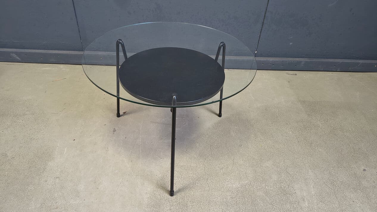 Coffee Table Model 535, transparent glass, black metal, by W. Rietveld, Gispen, Netherlands, 1950s. - 330371