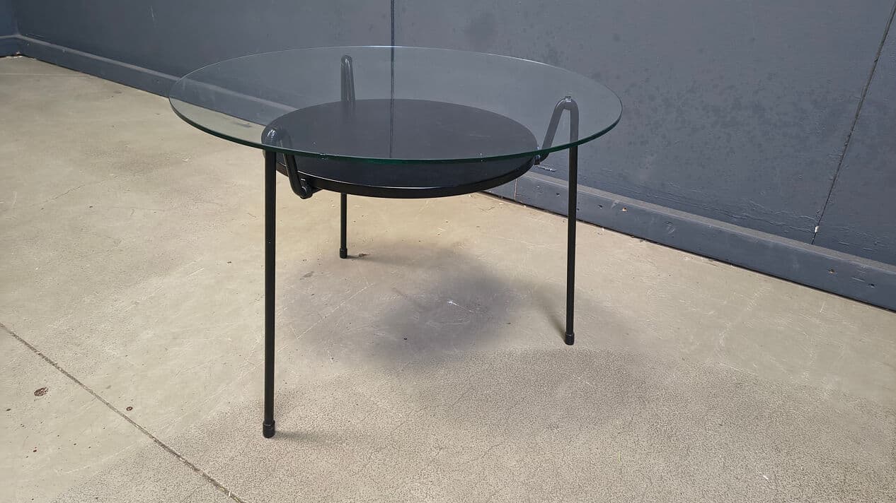Coffee Table Model 535, transparent glass, black metal, by W. Rietveld, Gispen, Netherlands, 1950s. - 330376
