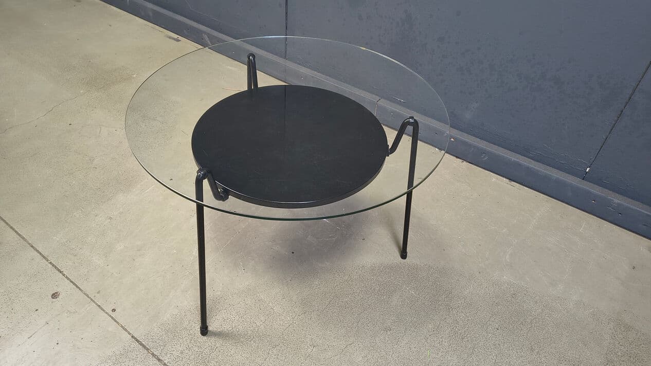Coffee Table Model 535, transparent glass, black metal, by W. Rietveld, Gispen, Netherlands, 1950s. - 330373