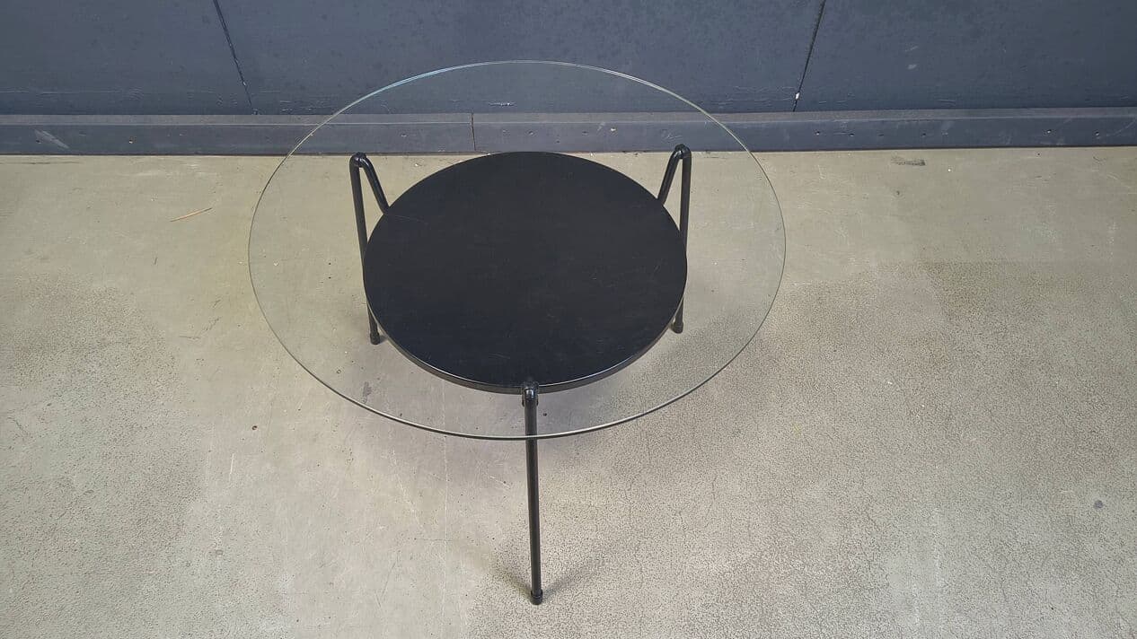Coffee Table Model 535, transparent glass, black metal, by W. Rietveld, Gispen, Netherlands, 1950s. - 330375