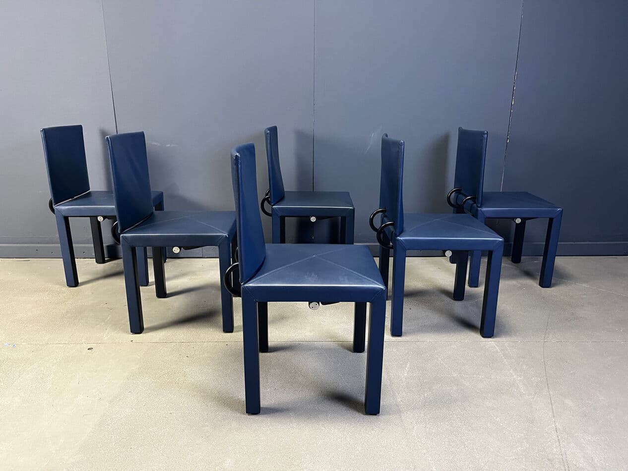 Set of six Arcadia dining chairs, navy leather, by P. Piva, B&B Italia, Italy, 1980s. - 330363
