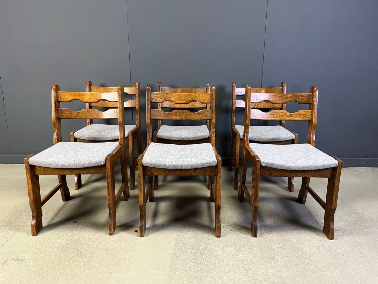 Set of six dining chairs Brutalist, brown oak, grey fabric, Belgium, 1970s. - 330355