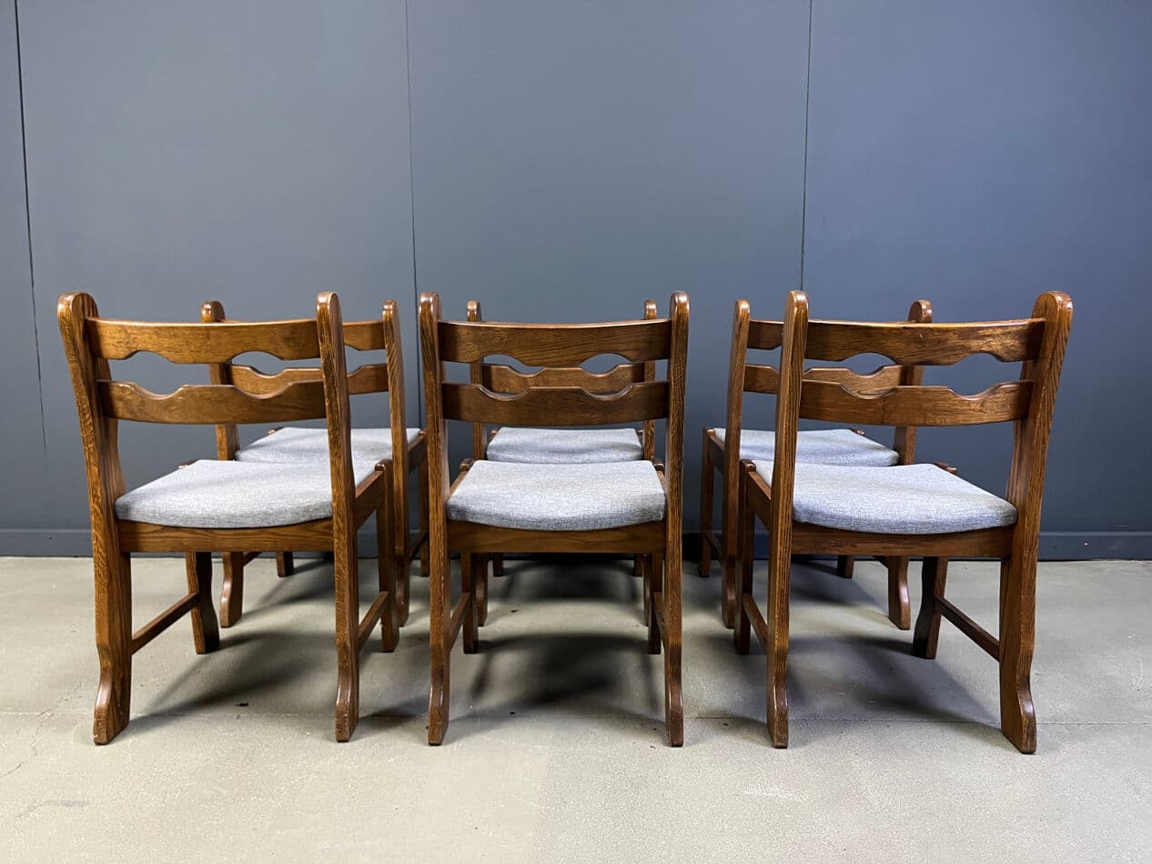 Set of six dining chairs Brutalist, brown oak, grey fabric, Belgium, 1970s. - 330353