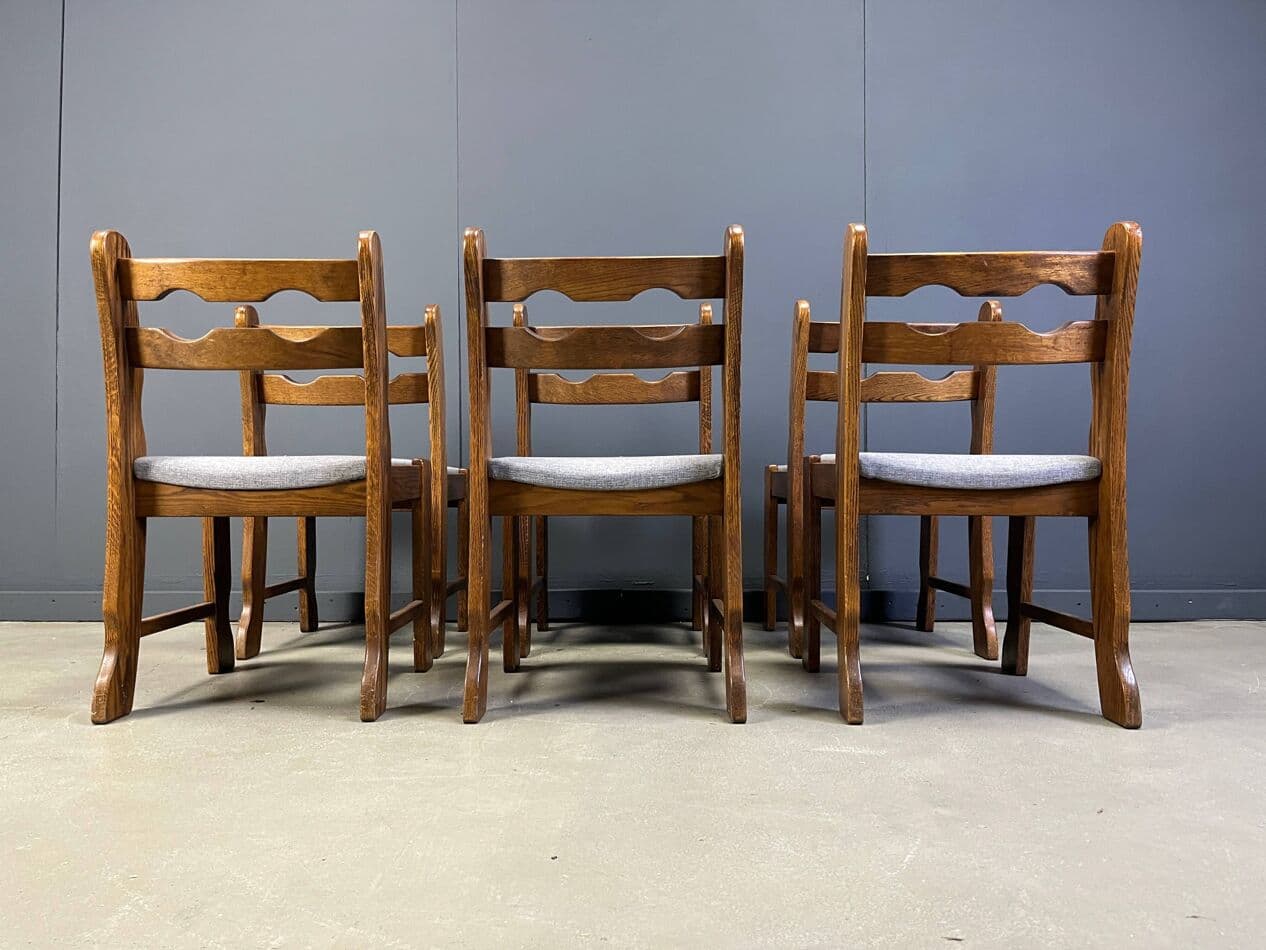 Set of six dining chairs Brutalist, brown oak, grey fabric, Belgium, 1970s. - 330354