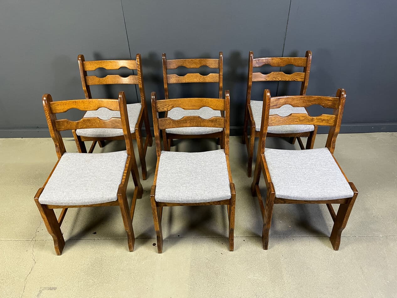 Set of six dining chairs Brutalist, brown oak, grey fabric, Belgium, 1970s. - 330349
