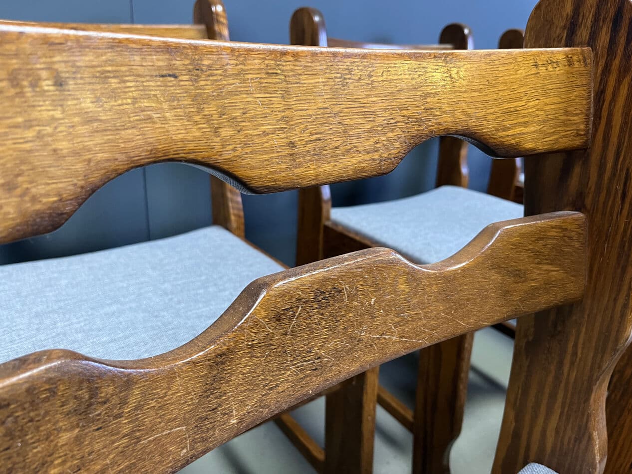 Set of six dining chairs Brutalist, brown oak, grey fabric, Belgium, 1970s. - 330352