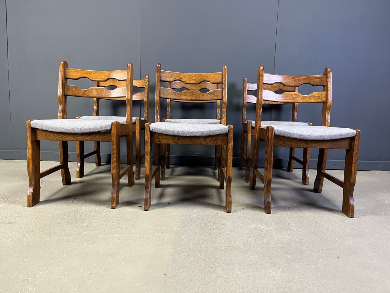 Set of six dining chairs Brutalist, brown oak, grey fabric, Belgium, 1970s. - 330350