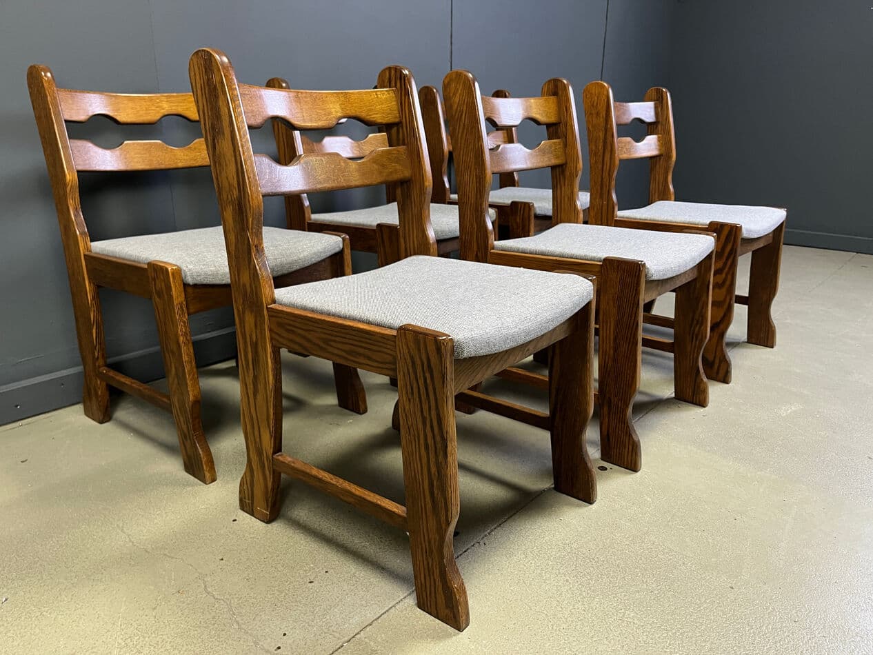 Set of six dining chairs Brutalist, brown oak, grey fabric, Belgium, 1970s. - 330348