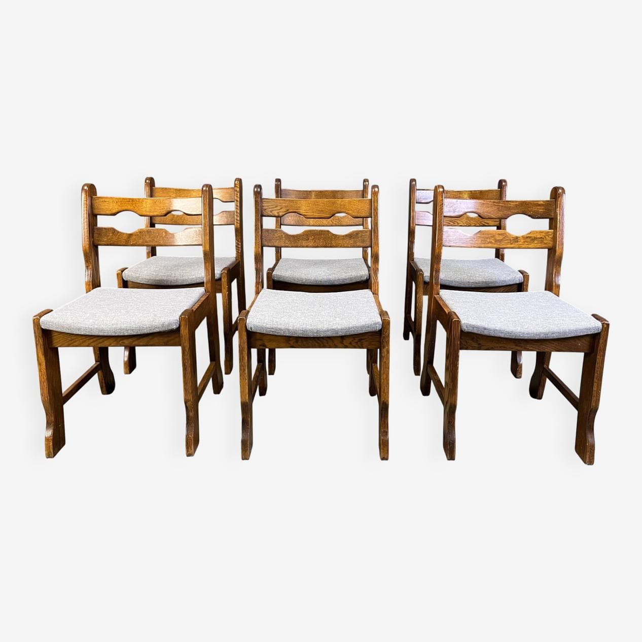 Set of six dining chairs Brutalist, brown oak, grey fabric, Belgium, 1970s. - 330356