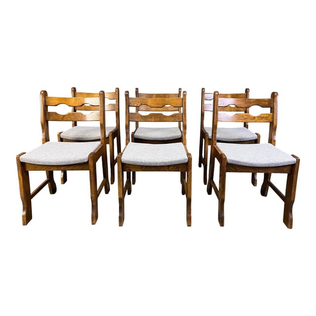 Set of six dining chairs Brutalist, brown oak, grey fabric, Belgium, 1970s. - DIMENSION