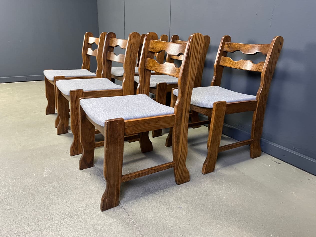 Set of six dining chairs Brutalist, brown oak, grey fabric, Belgium, 1970s. - 330351