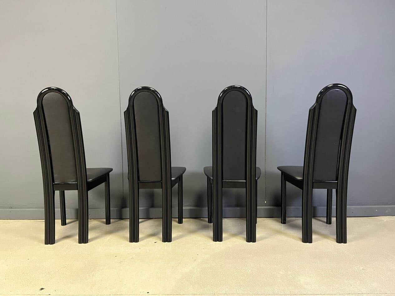 Set of four postmodern dining chairs, black wood, black faux leather, Italy, 1980s. - 330344